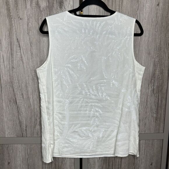 Talbots Sleeveless Top Linen Sequins Tropical Size Zip White Color Sz 10 - Picture 9 of 9